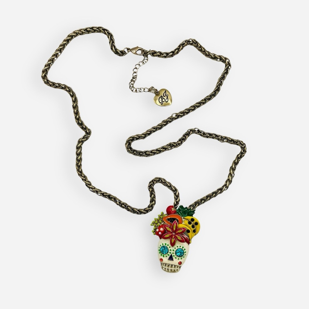Vintage Betsey Johnson Rio Sugar Skull Fruit Hat Dia De Los Muertos Necklace